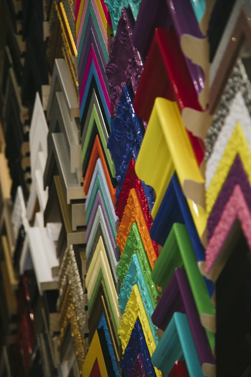 The wall of frame corners in the Frame Chicago showroom.